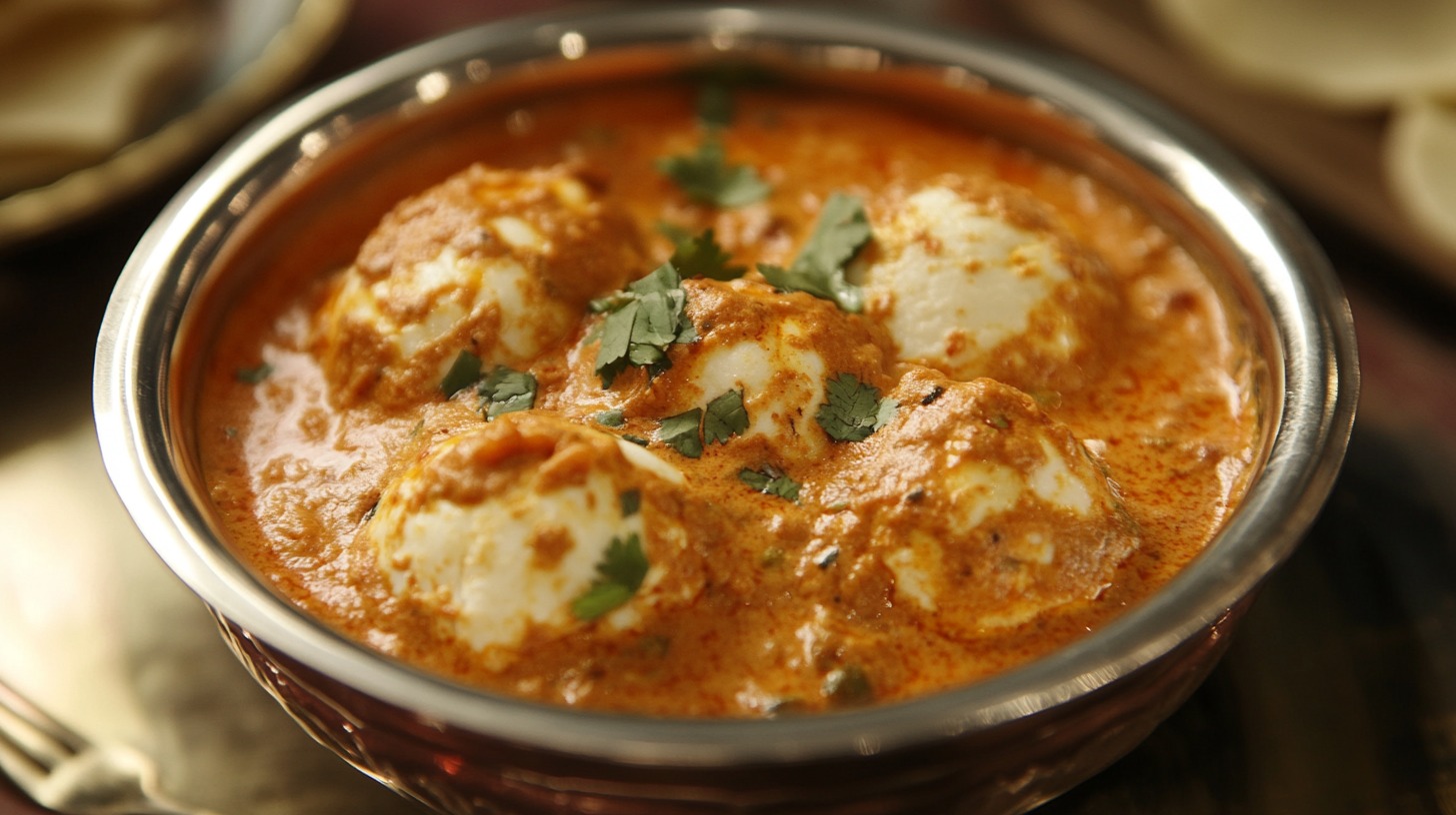 Close-up of a bowl of egg curry garnished with fresh cilantro, served in a metal dish.