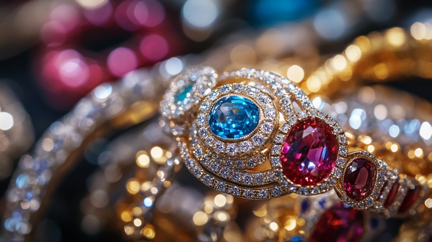 Close-up of jewelry featuring blue and red gemstones surrounded by diamonds in gold settings, with a colorful bokeh background