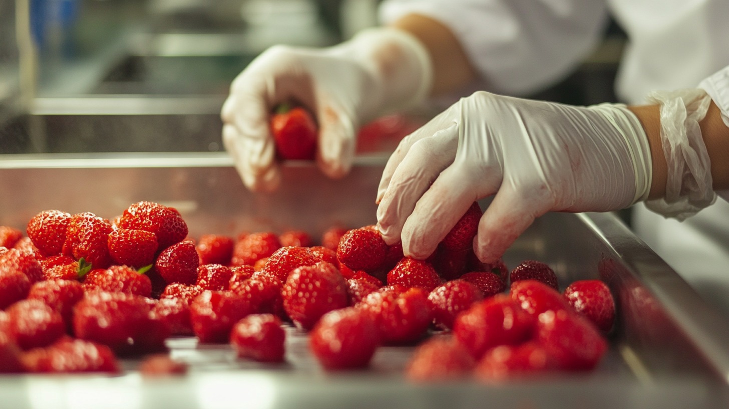 Gloved hands arranging fresh, red strawberries on a stainless steel surface in a food preparation area