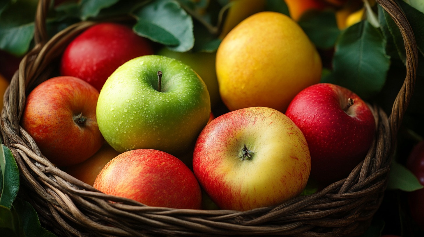 Close-up of a wicker basket filled with red, green, and yellow apples, surrounded by green leaves