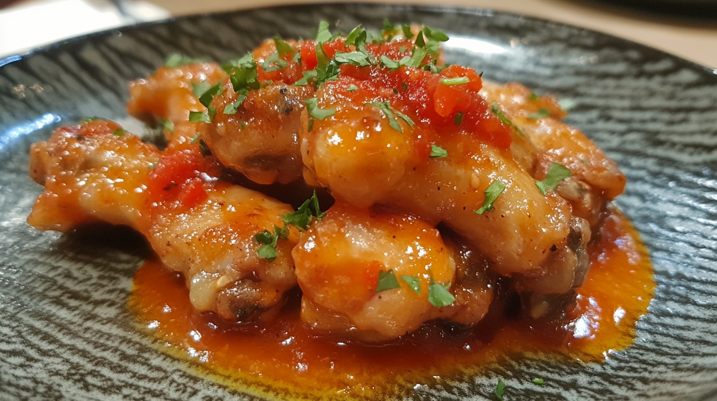 A plate of buffalo wings smothered in Carolina Reaper sauce, garnished with fresh herbs