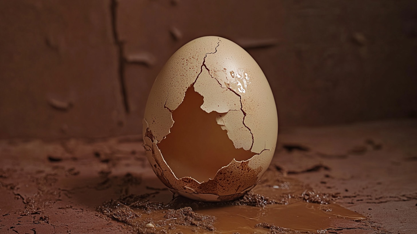  A cracked egg with visible damage, surrounded by spilled liquid on a textured surface