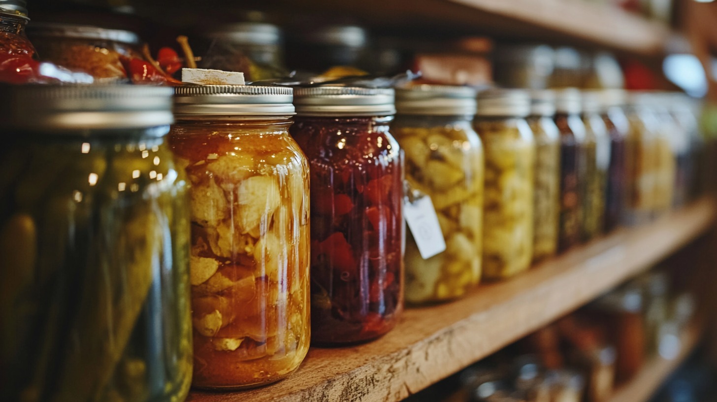  A variety of colorful canned and preserved foods in glass jars neatly arranged on wooden shelves