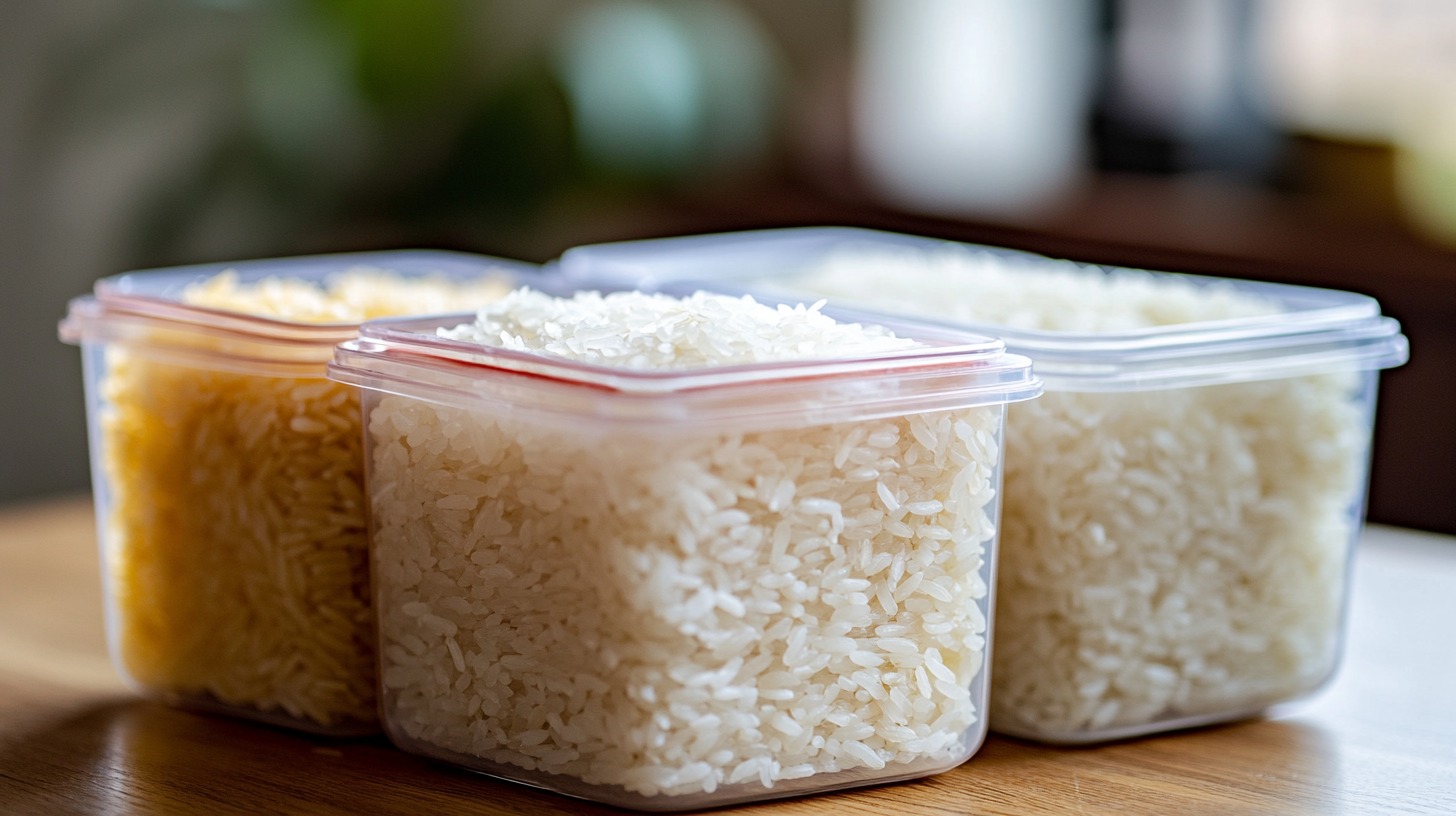 Clear containers filled with rice and pasta, showcasing dry goods storage