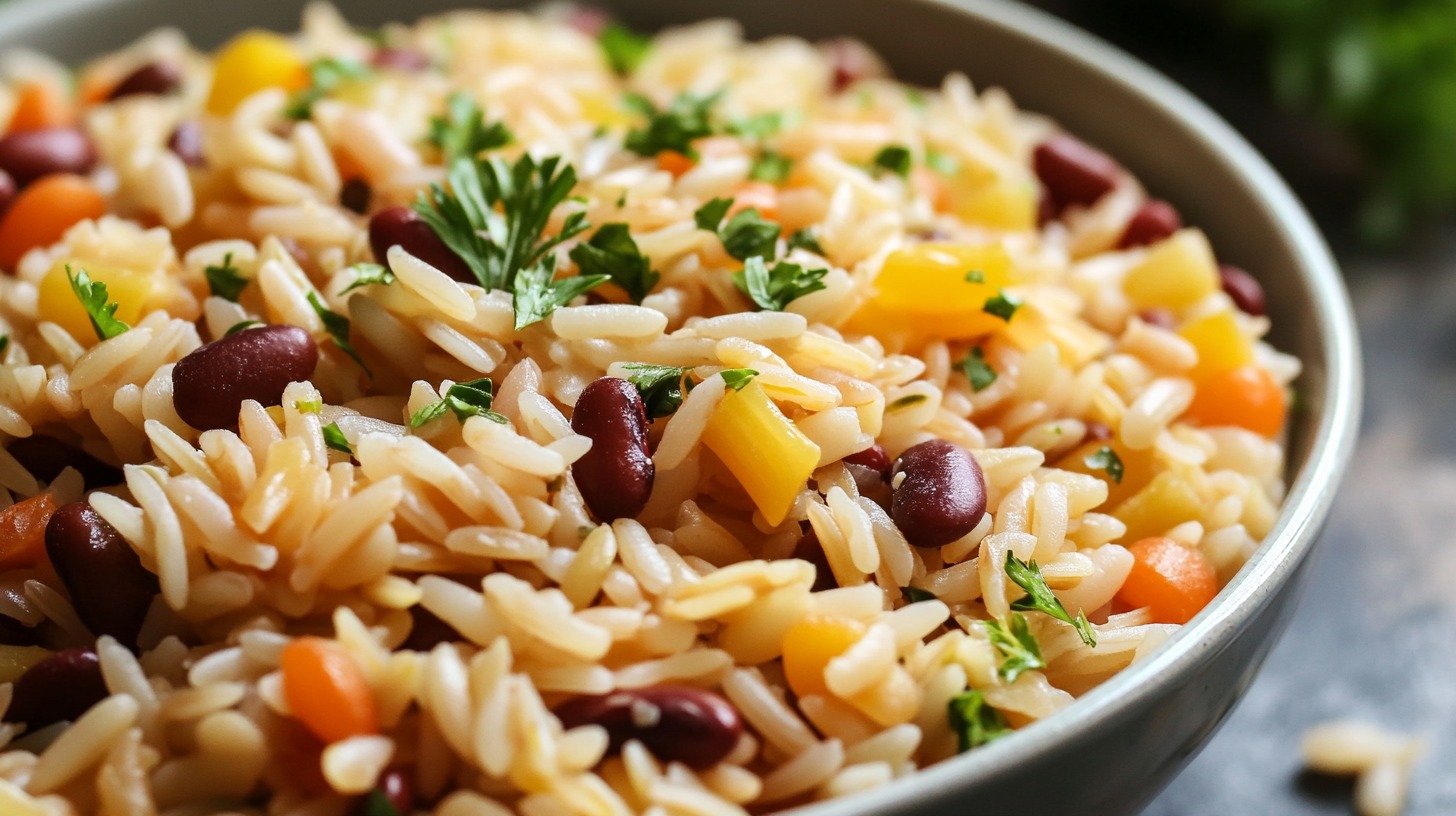 A close-up of a colorful rice and bean dish with diced vegetables and garnished with fresh parsley in a bowl