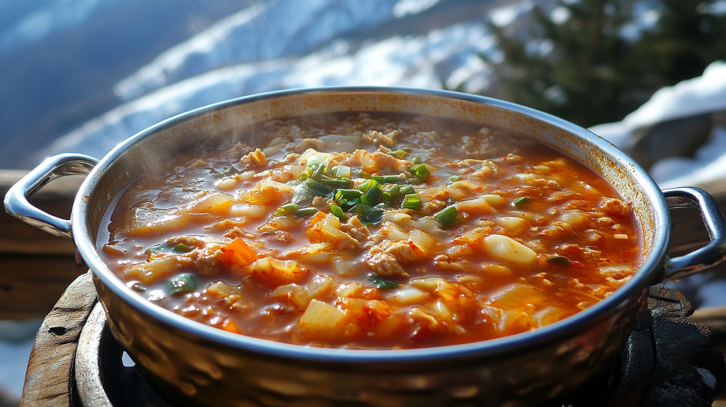 A steaming pot of kimchi jjigae topped with green onions, set outdoors with a snowy background