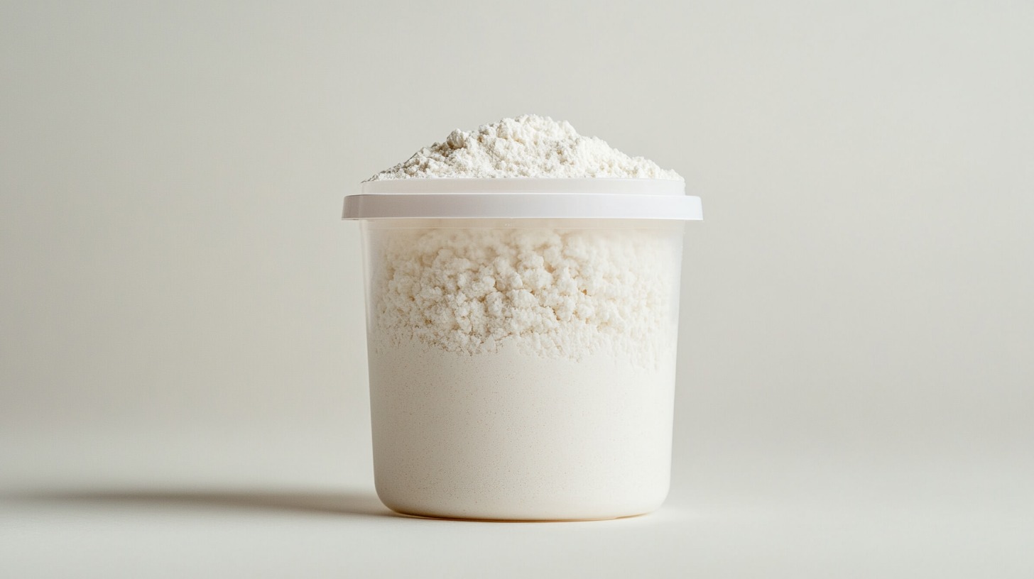 A clear container filled with white flour, highlighting safe storage practices for dry ingredients