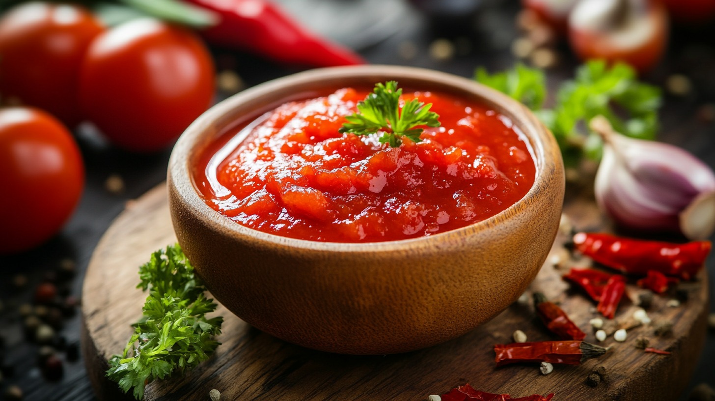 A bowl of vibrant red Sambal Oelek garnished with parsley, surrounded by fresh tomatoes, garlic, and chili peppers