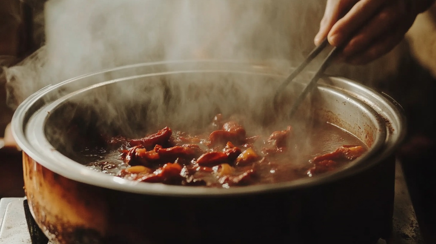 Close-up of a steaming pot filled with red broth and chunks of meat, with tongs stirring the contents