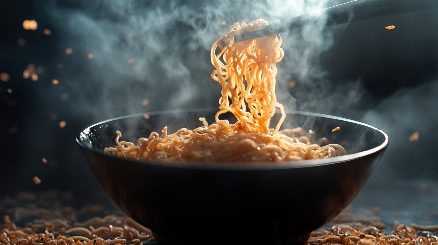 A bowl of steaming spicy ramen with chopsticks lifting noodles, surrounded by a smoky ambiance