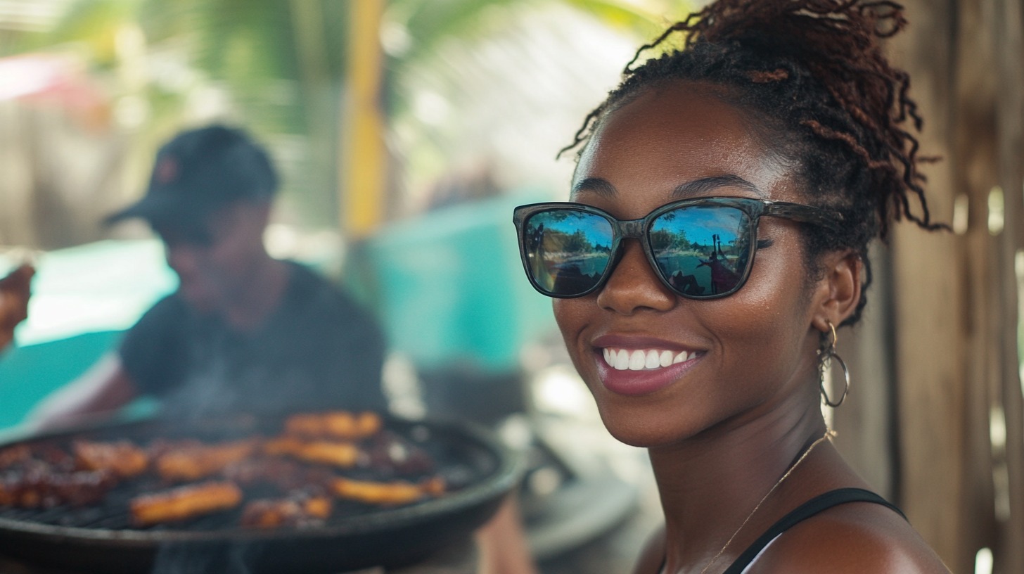 A woman smiling in sunglasses with a grill in the background, featuring smoky and spicy food