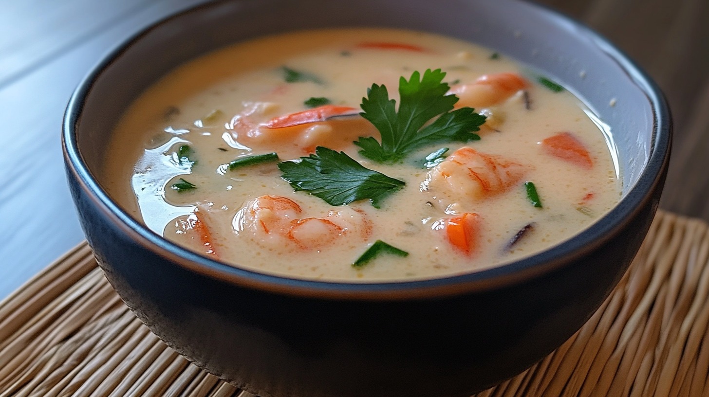 A bowl of creamy Tom Yum soup with shrimp, vegetables, and garnished with fresh parsley