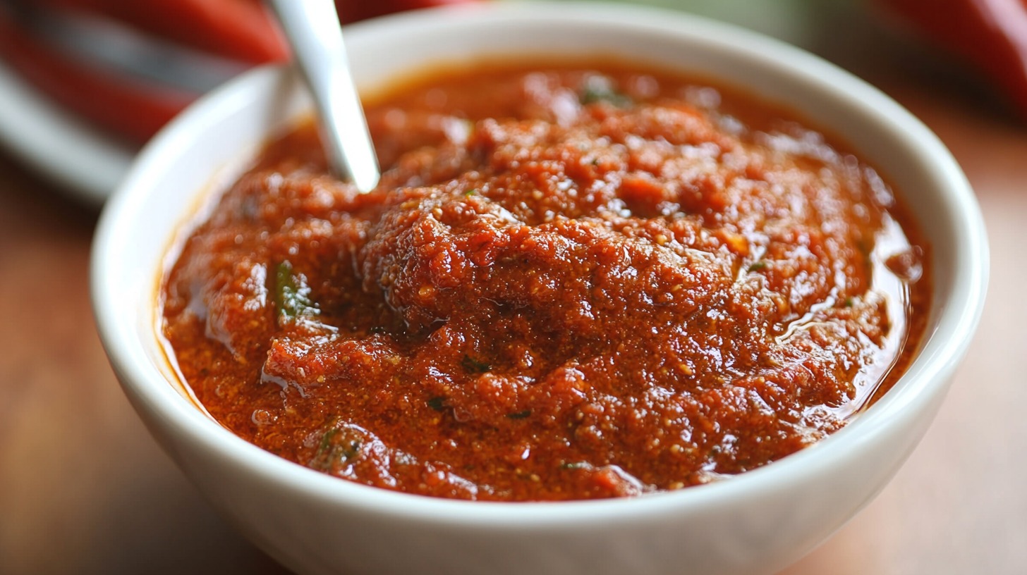 A bowl of vibrant red Vindaloo paste, rich in spices, with a spoon ready for serving