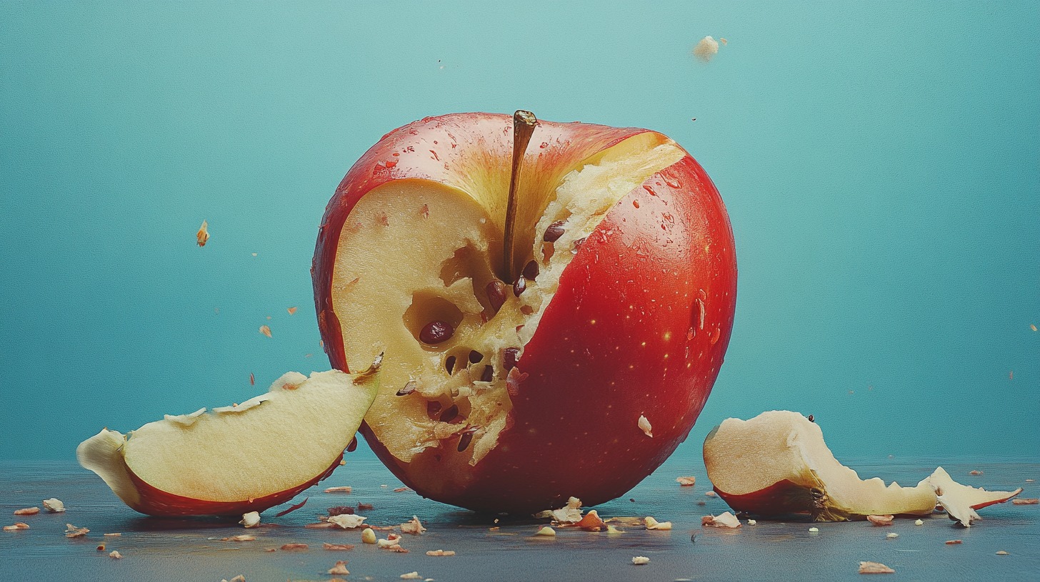 A vibrant red apple with a bite taken out, surrounded by broken apple pieces, set against a bright blue background